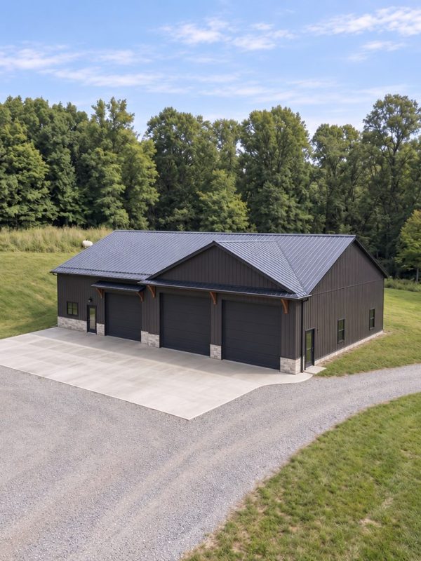 Black metal barndominium home and shop on a wooded lot in Northeast Ohio