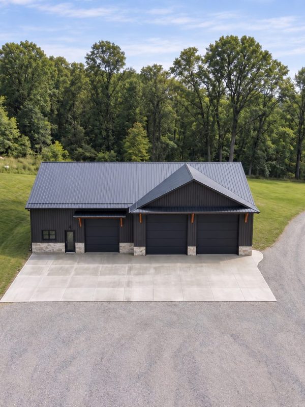 Custom barndominium with an attached shop and concrete driveway, built in Northeast Ohio